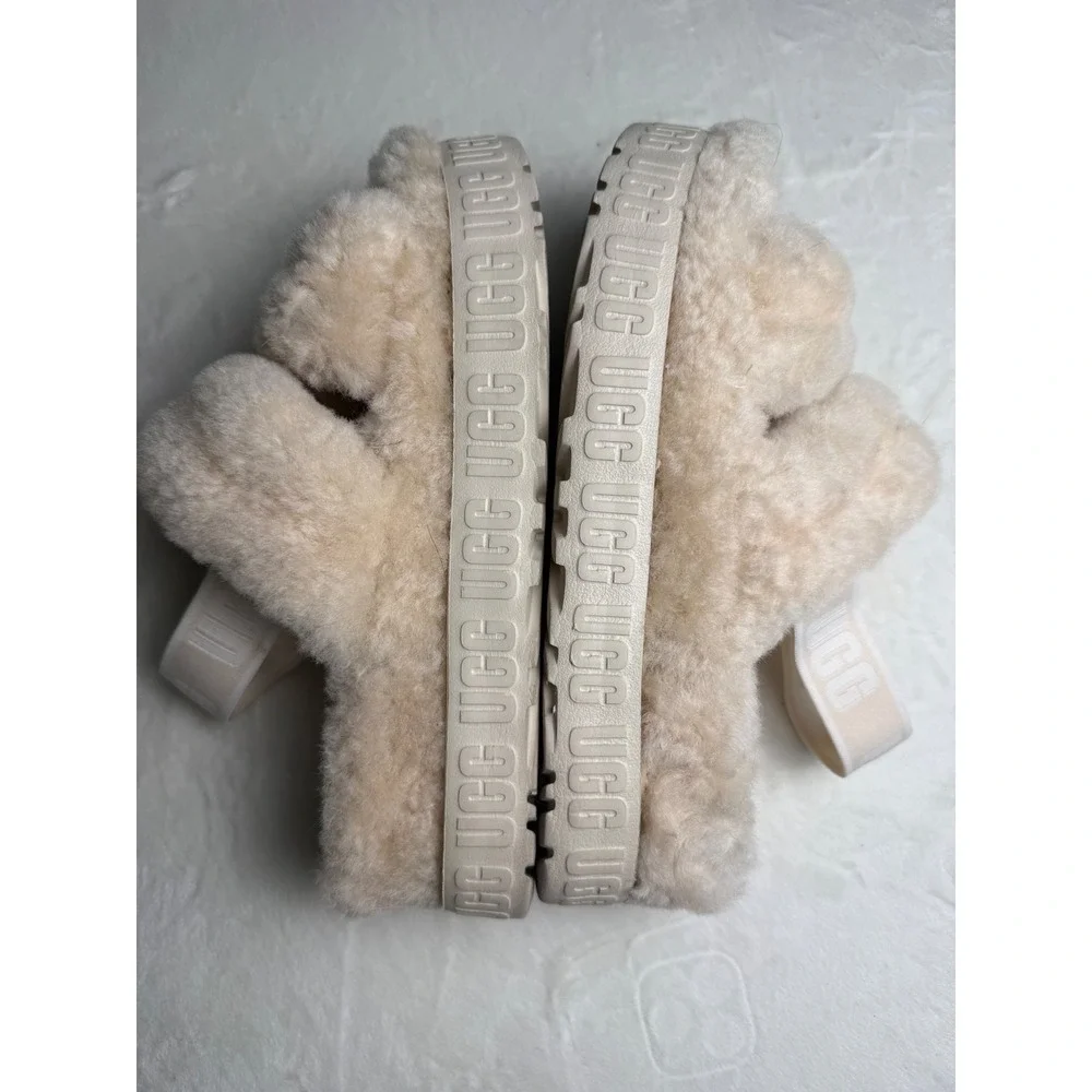 UGG Fluffita Cream Sheepskin Platform Slingback Slides Sandals Womens 7